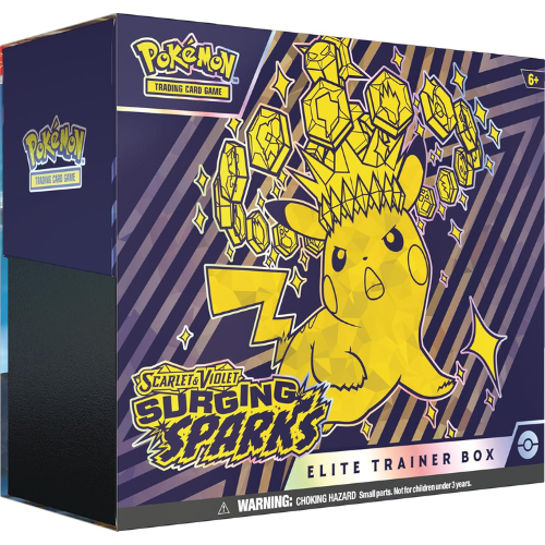 Pokémon trading card game Elite Trainer Box packaging with Pikachu on a blue and yellow striped background.